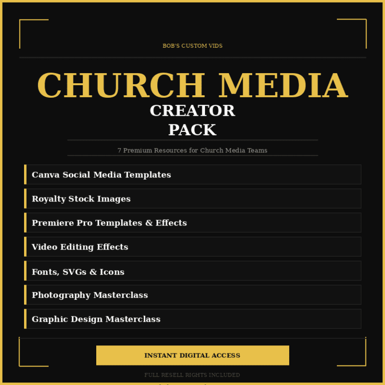 Church Media Creator Pack cover — $17 digital bundle including Canva social media templates, royalty-free stock images, Premiere Pro templates and effects, video editing effects, fonts, SVGs and icons, a photography masterclass, and a graphic design masterclass